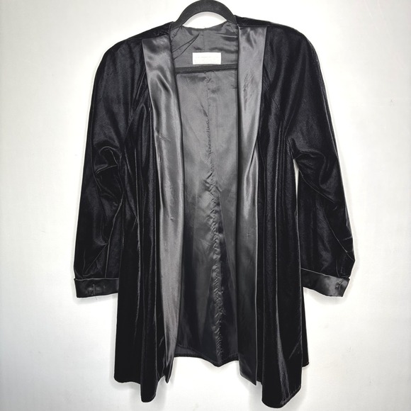 Michael Marcella Velvet Opera Coat Size L Black Satin Trim Open Front Duster Vtg - Picture 1 of 10